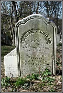 Gravestone for Archibold Sinclair (1870) and Rebecca Sinclair (1853).