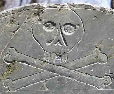 Death's Head and Cross Bones on Headstone of Margaret Hawkins (1761).