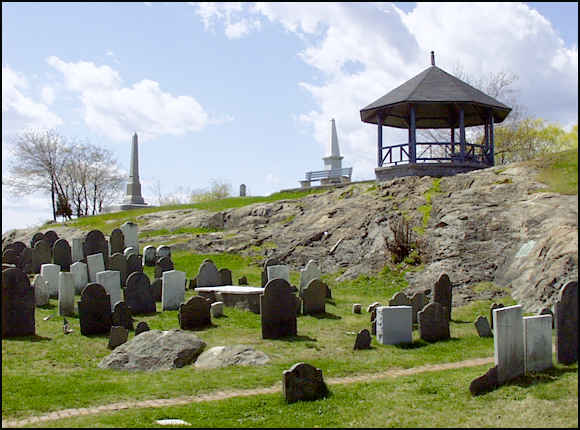 Gazebo and obelisks at top of Old Burial Hill.