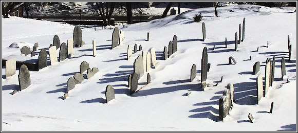 Old Burial Hill viewed from Redd's Pond in Winter.