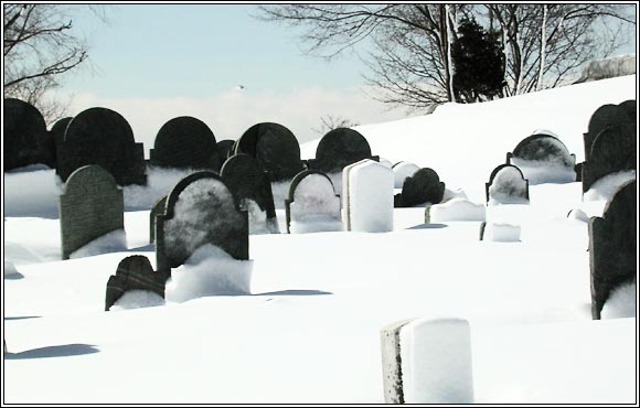 Old Burial Hill viewed from Redd's Pond in Winter.