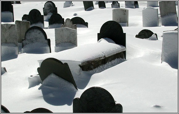 Old Burial Hill viewed from Redd's Pond in Winter.