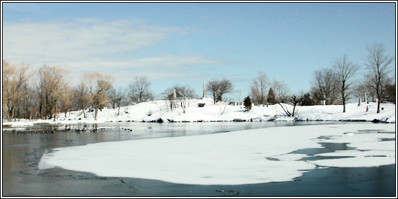 Old Burial Hill viewed from Redd's Pond in Winter.